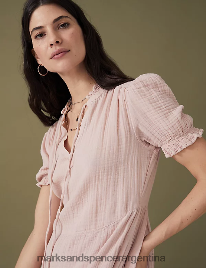 Marks & Spencer mujer vestido midi escalonado de puro algodón con lazo en el cuello ropa concha rosa 46VL628