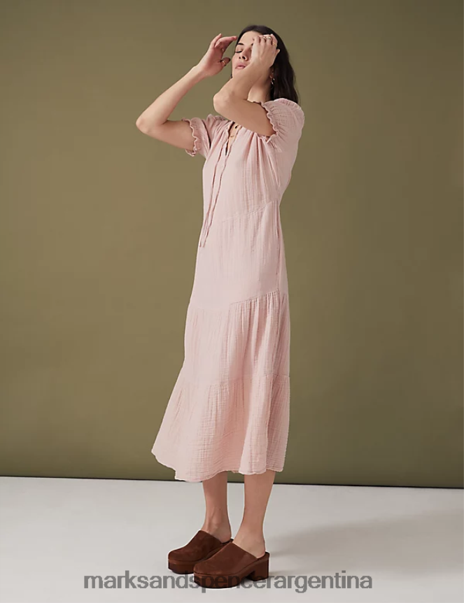 Marks & Spencer mujer vestido midi escalonado de puro algodón con lazo en el cuello ropa concha rosa 46VL628