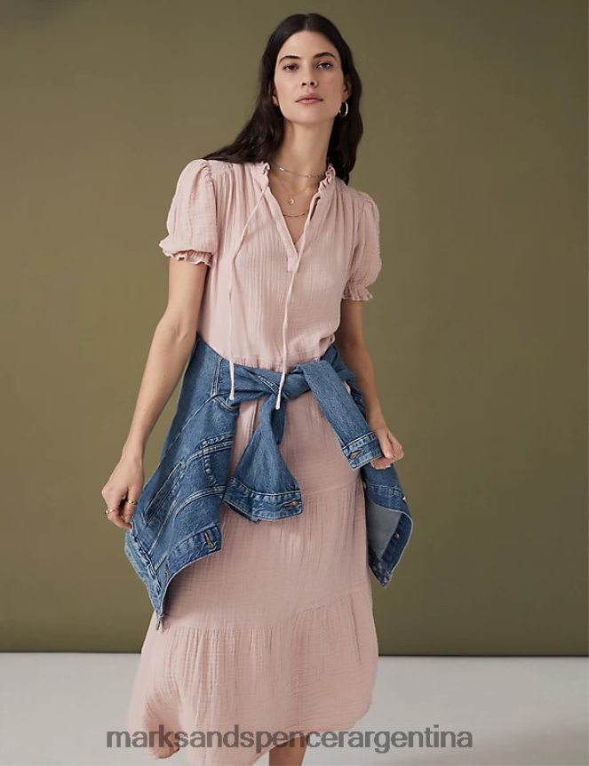 Marks & Spencer mujer vestido midi escalonado de puro algodón con lazo en el cuello ropa concha rosa 46VL628
