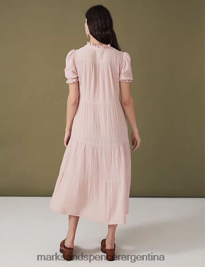 Marks & Spencer mujer vestido midi escalonado de puro algodón con lazo en el cuello ropa concha rosa 46VL628
