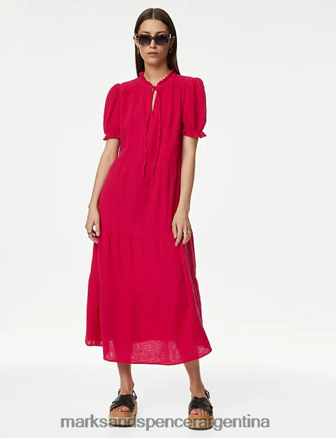 Marks & Spencer mujer vestido midi escalonado de puro algodón con lazo en el cuello ropa rubí 46VL1018