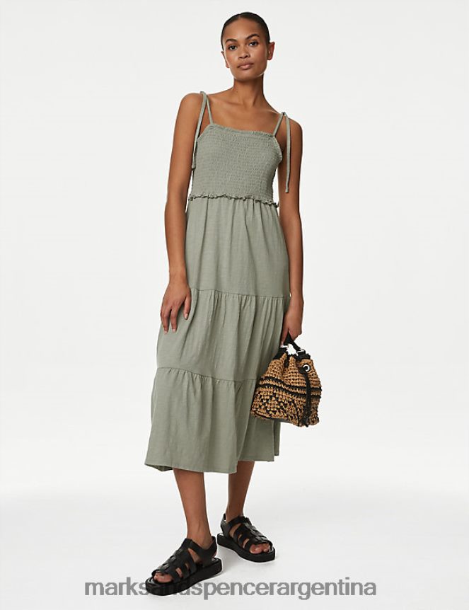 Marks & Spencer mujer vestido midi fruncido de punto de puro algodón ropa caqui 46VL2216