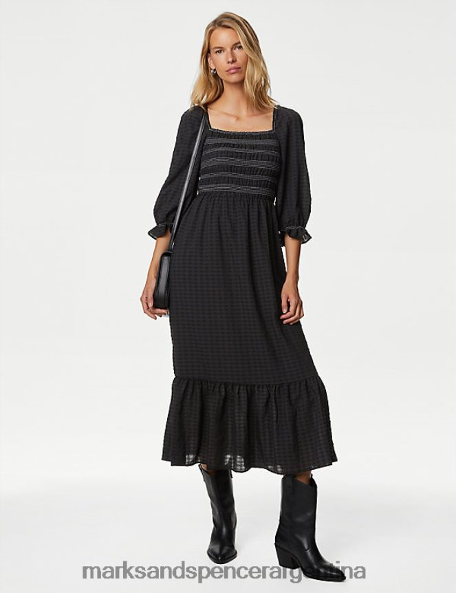 Marks & Spencer mujer vestido midi texturizado con escote cuadrado y fruncido ropa mezcla negra 46VL3288