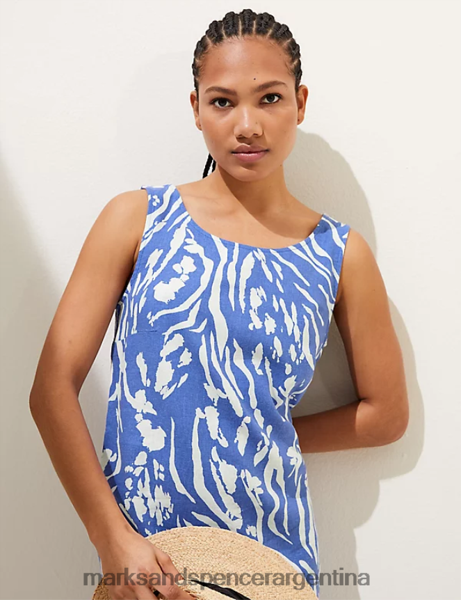Marks & Spencer mujer vestido recto con cuello redondo y estampado rico en lino ropa mezcla azul 46VL2404