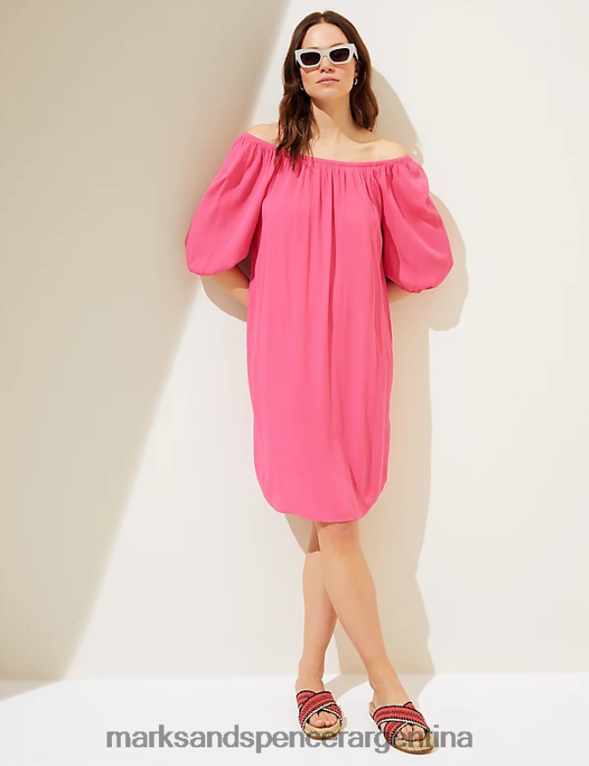 Marks & Spencer mujer vestido recto con escote Bardot hasta la rodilla ropa chicle 46VL2176