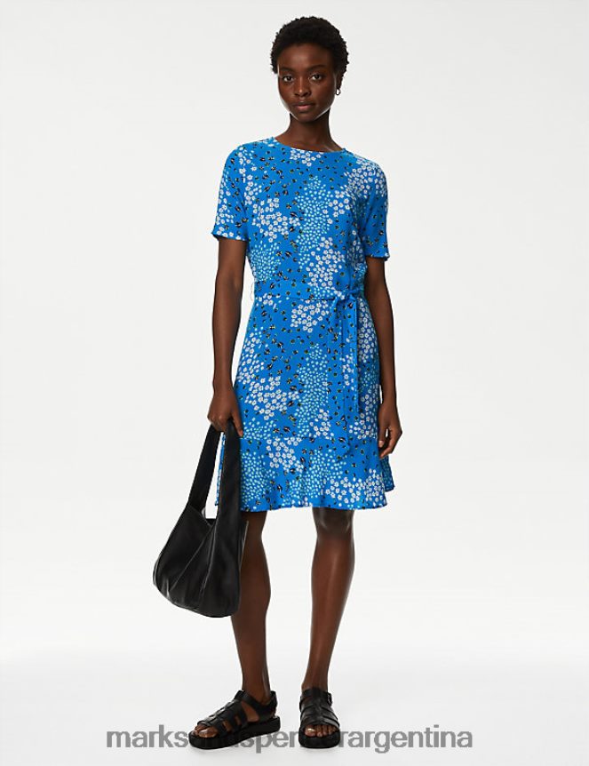 Marks & Spencer mujer vestido skater corto estampado con cuello redondo y cinturón ropa mezcla azul brillante 46VL984