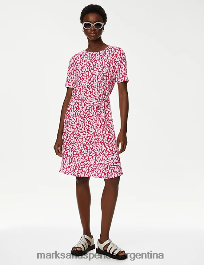 Marks & Spencer mujer vestido skater corto estampado con cuello redondo y cinturón ropa mezcla rosa 46VL982