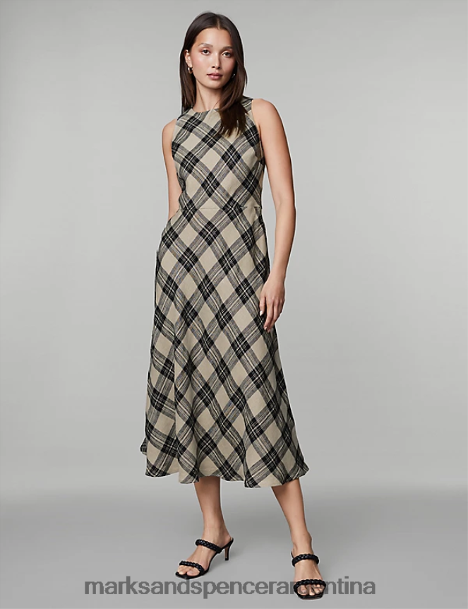 Marks & Spencer mujer vestido skater midi de cuadros de puro lino ropa mezcla negra 46VL52