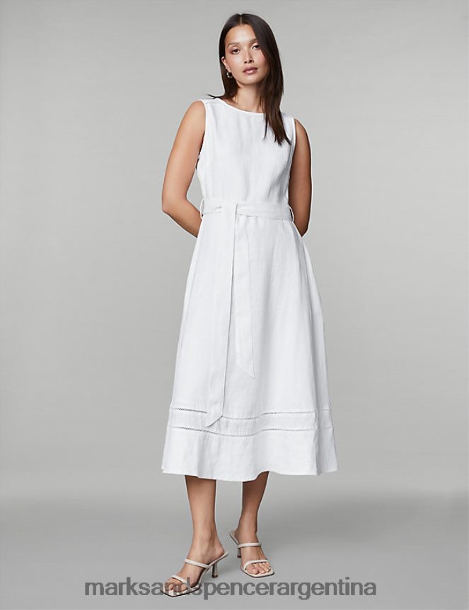 Marks & Spencer mujer vestido skater midi de lino puro con lazo en la cintura ropa blanco 46VL372