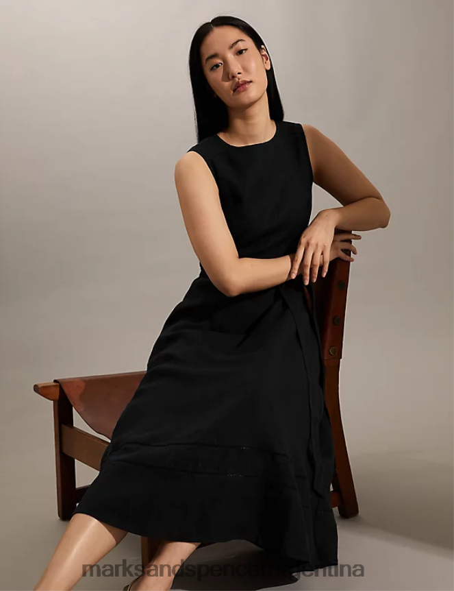 Marks & Spencer mujer vestido skater midi de puro lino con cinturón ropa negro 46VL1812
