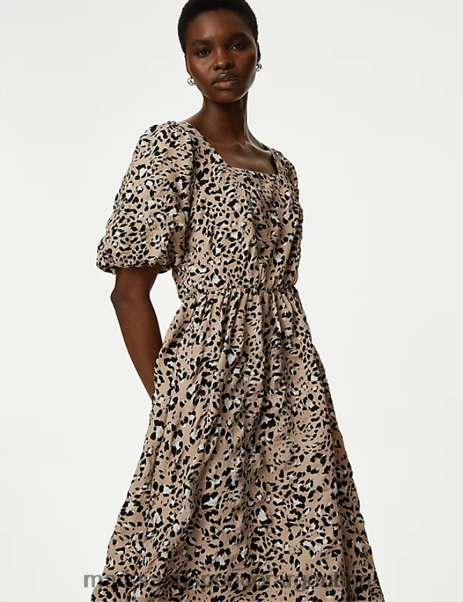 Marks & Spencer mujer vestido skater midi estampado con cuello cuadrado ropa mezcla natural 46VL2064