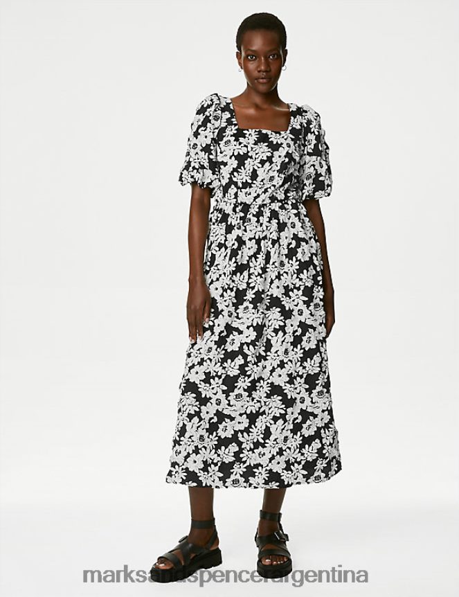 Marks & Spencer mujer vestido skater midi estampado con cuello cuadrado ropa mezcla negra 46VL1728