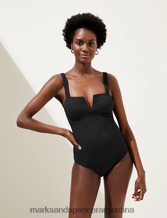 Marks & Spencer mujer traje de baño con cuello en V acolchado y de canalé con control de barriga trajes de baño y ropa de playa negro 46VL1710