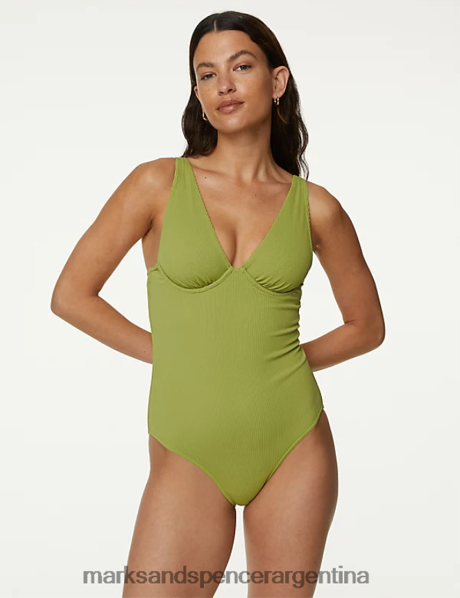 Marks & Spencer mujer traje de baño escotado de canalé con aros trajes de baño y ropa de playa verde medio 46VL2502