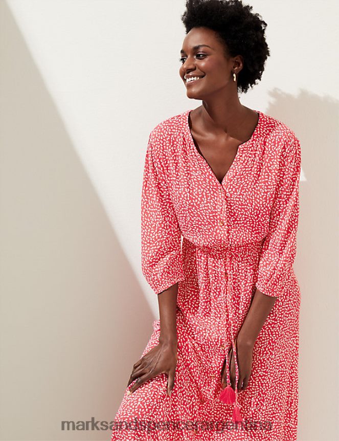 Marks & Spencer mujer vestido largo de playa estampado con cuello en V y cintura anudada trajes de baño y ropa de playa rojo brillante 46VL764