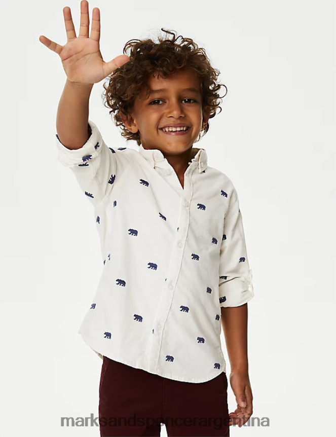 Marks & Spencer niños camisa Oxford de puro algodón con bordado de oso ropa mezcla blanca 46VL7934