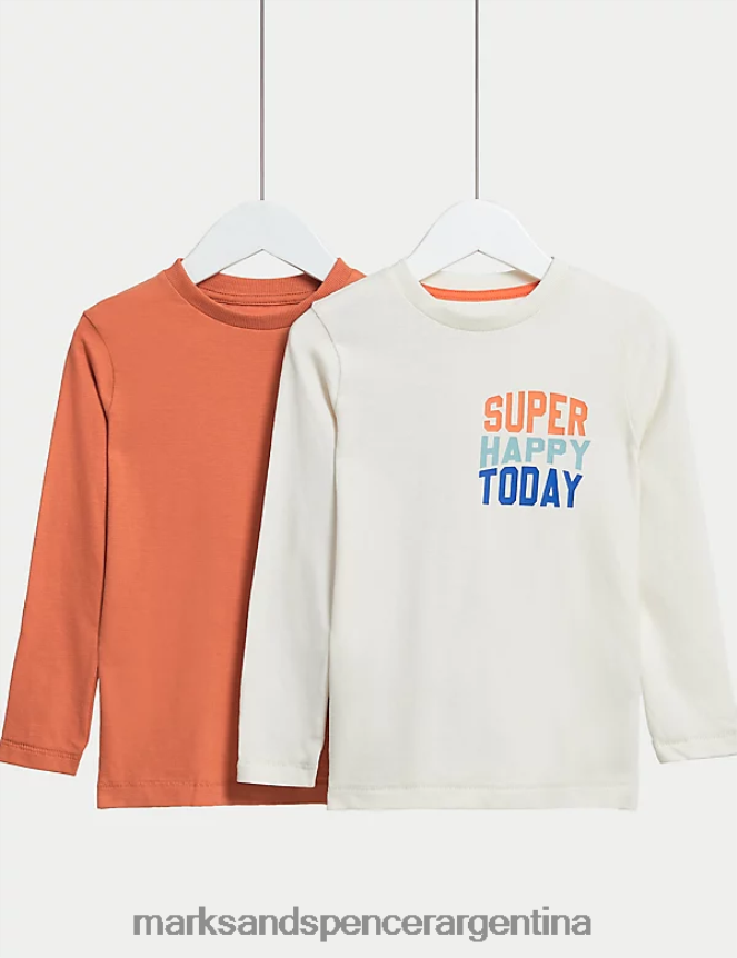 Marks & Spencer niños Pack de 2 tops lisos y eslogan Happy de puro algodón ropa mezcla de calicó 46VL7888