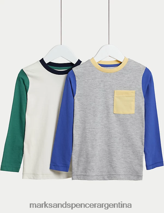 Marks & Spencer niños Paquete de 2 tops con bloques de colores ricos en algodón ropa multi 46VL7842