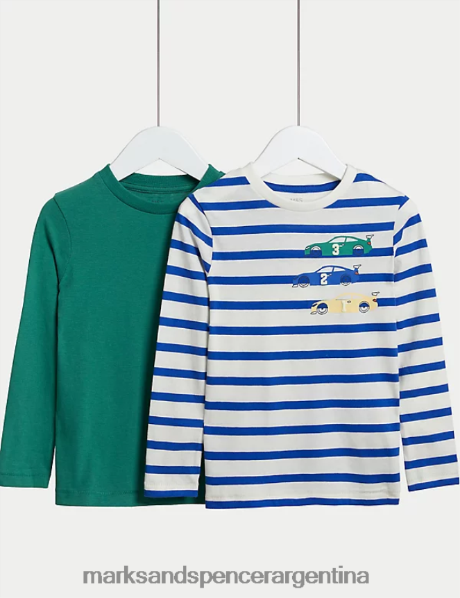 Marks & Spencer niños Paquete de 2 tops lisos y a rayas de puro algodón ropa mezcla azul 46VL7858