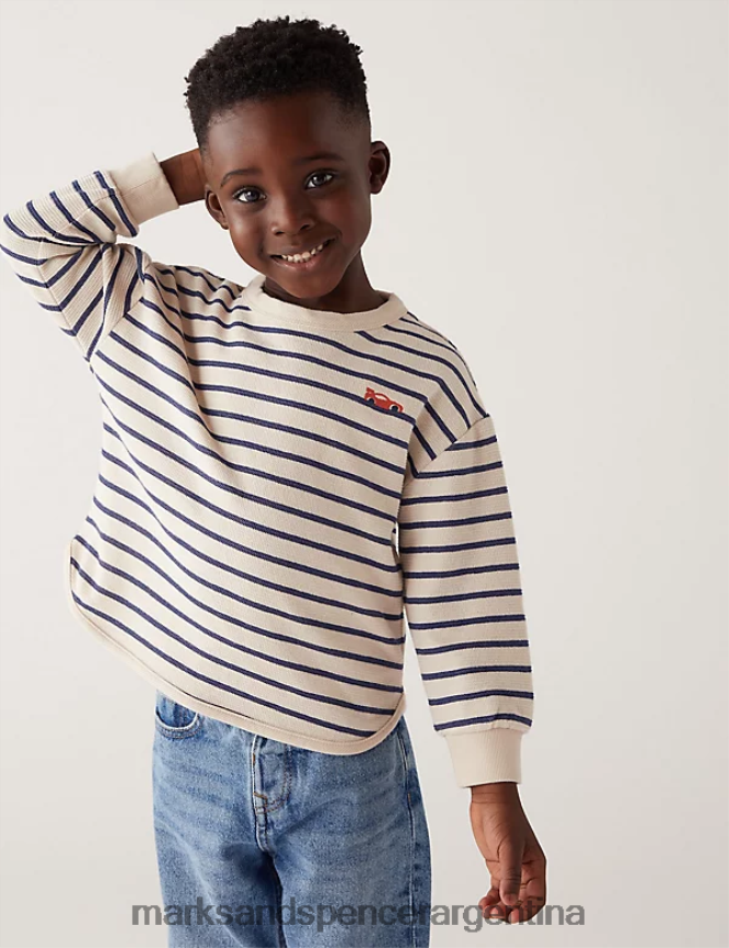 Marks & Spencer niños sudadera con rayas ricas en algodón ropa mezcla de crema 46VL8192