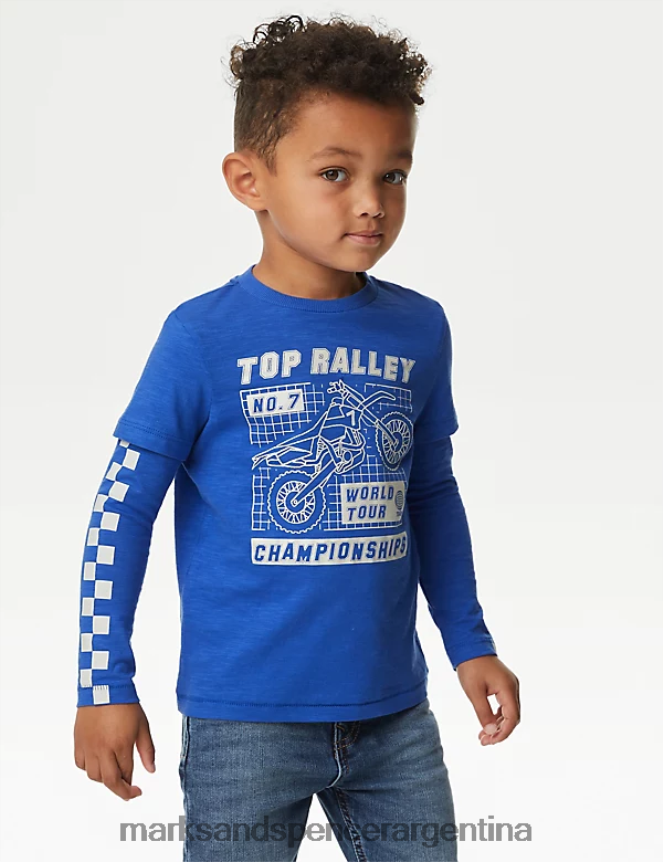 Marks & Spencer niños top con gráfico de moto de puro algodón ropa mezcla azul 46VL7834