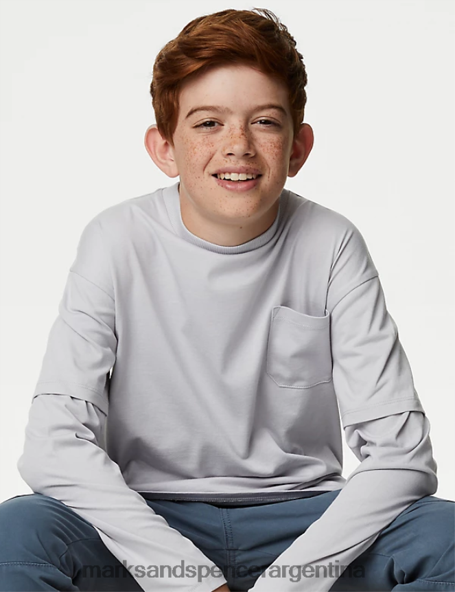 Marks & Spencer niños top de puro algodón con mangas simuladas ropa gris 46VL7986