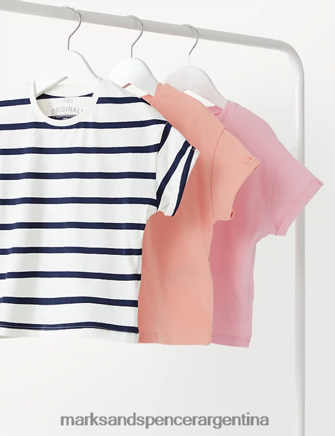Marks & Spencer niños Pack de 3 camisetas lisas y de rayas de puro algodón ropa mezcla rosa 46VL8040