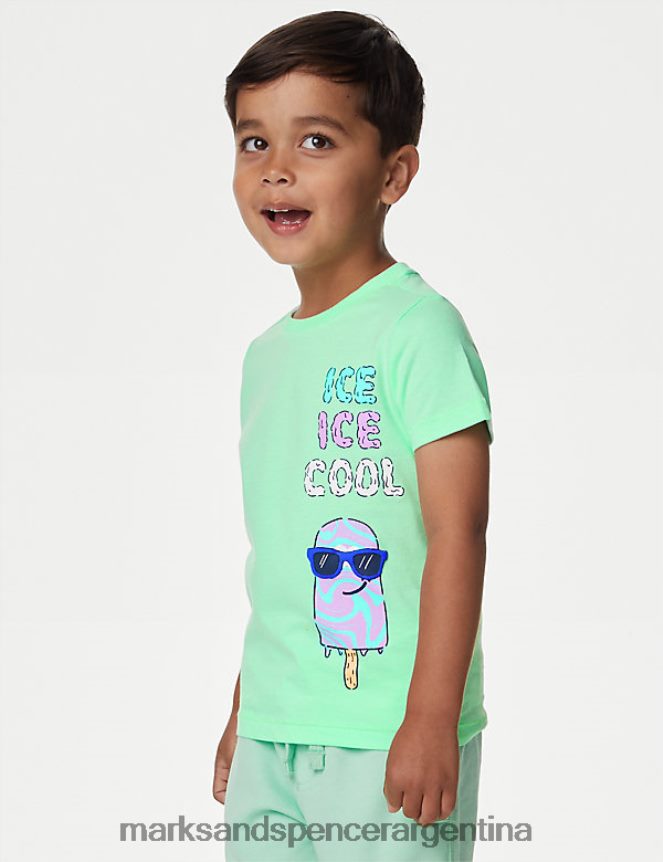 Marks & Spencer niños camiseta con eslogan de puro algodón ropa verde 46VL8146
