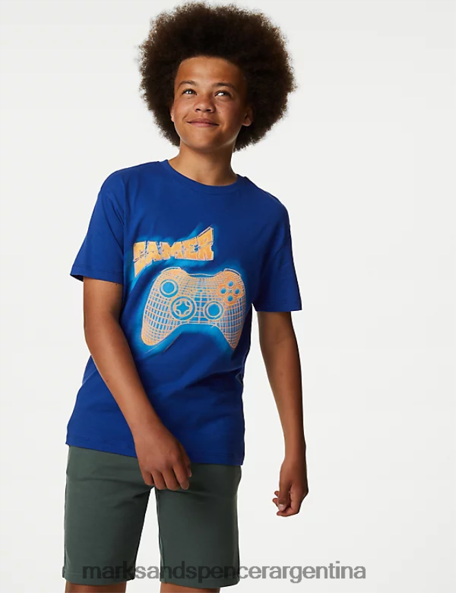 Marks & Spencer niños camiseta de controlador de juego de puro algodón ropa azul 46VL8180