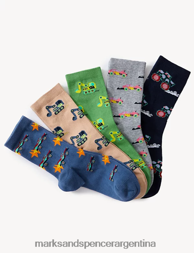 Marks & Spencer niños Paquete de 5 calcetines de transporte ricos en algodón ropa multi 46VL7832