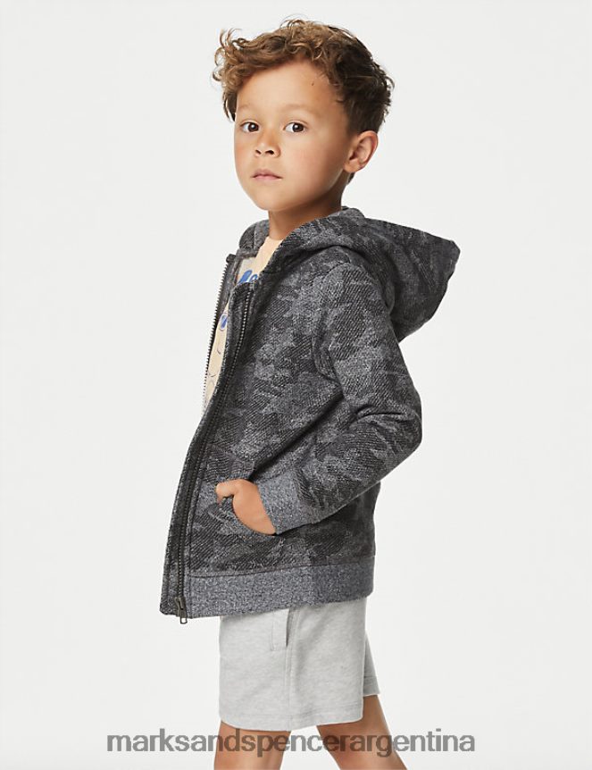 Marks & Spencer niños sudadera con capucha y cremallera con estampado rico en algodón ropa mezcla de carbón 46VL8110