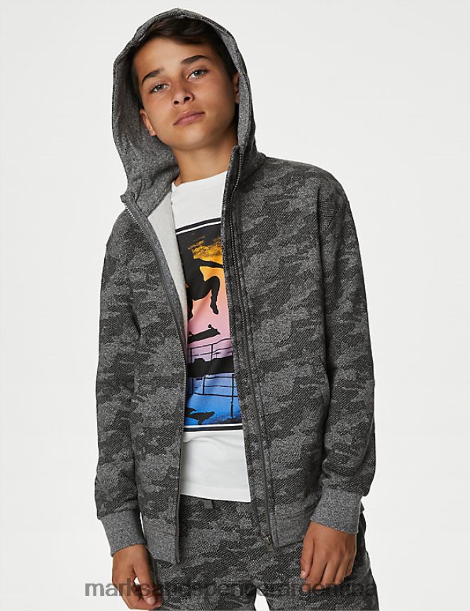 Marks & Spencer niños sudadera con capucha y cremallera con estampado rico en algodón ropa mezcla de carbón 46VL8240