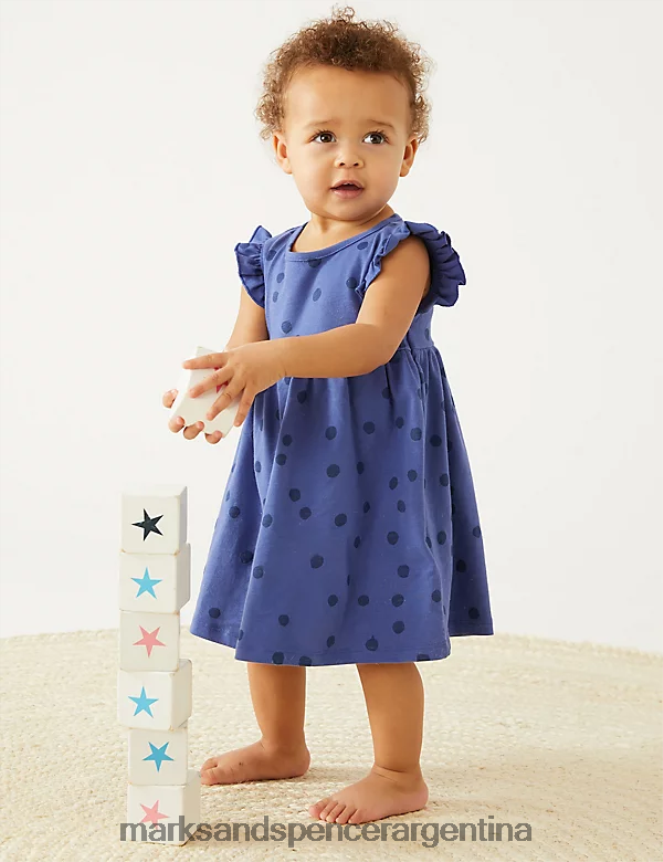 Marks & Spencer niños vestido de lunares de puro algodón ropa azul 46VL7646