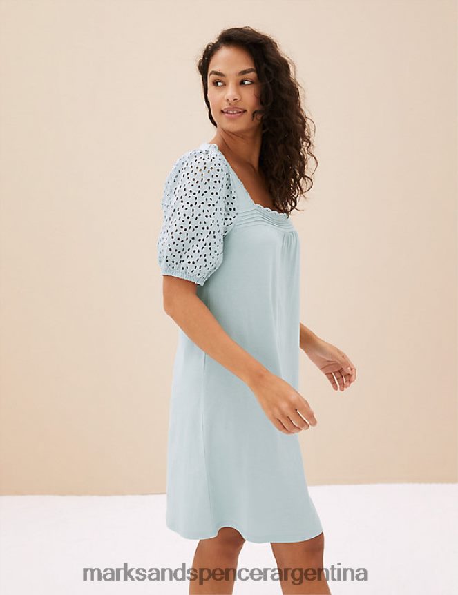 Marks & Spencer unisexo Camisón corto de puro algodón con ribetes bordados lencería azul 46VL3548