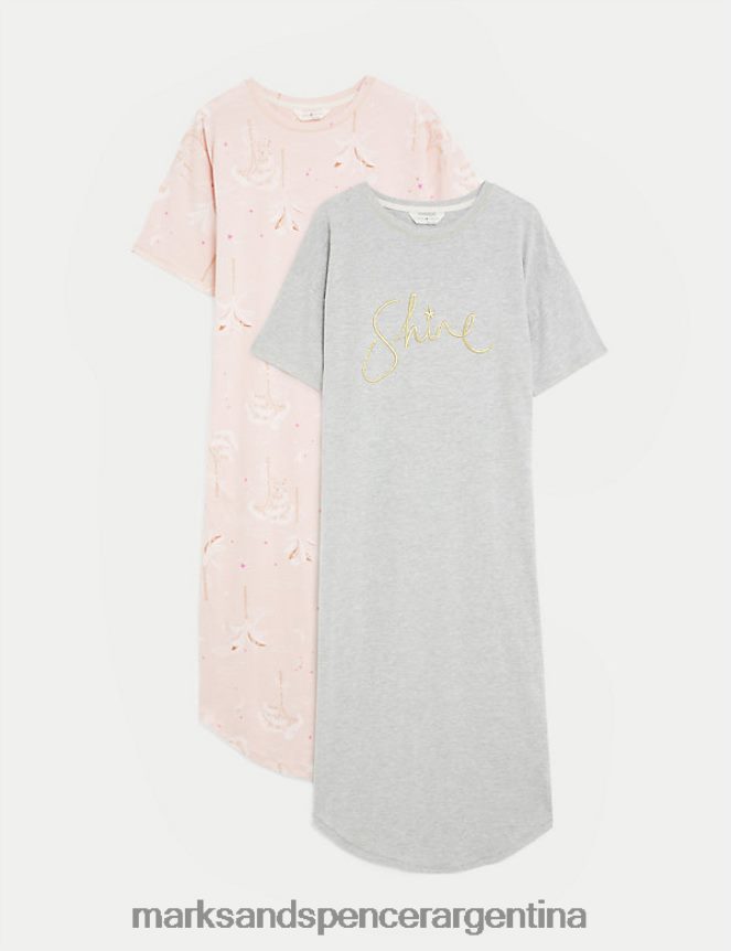 Marks & Spencer unisexo Paquete de 2 camisones largos con estampado rico en algodón lencería mezcla rosa 46VL3476