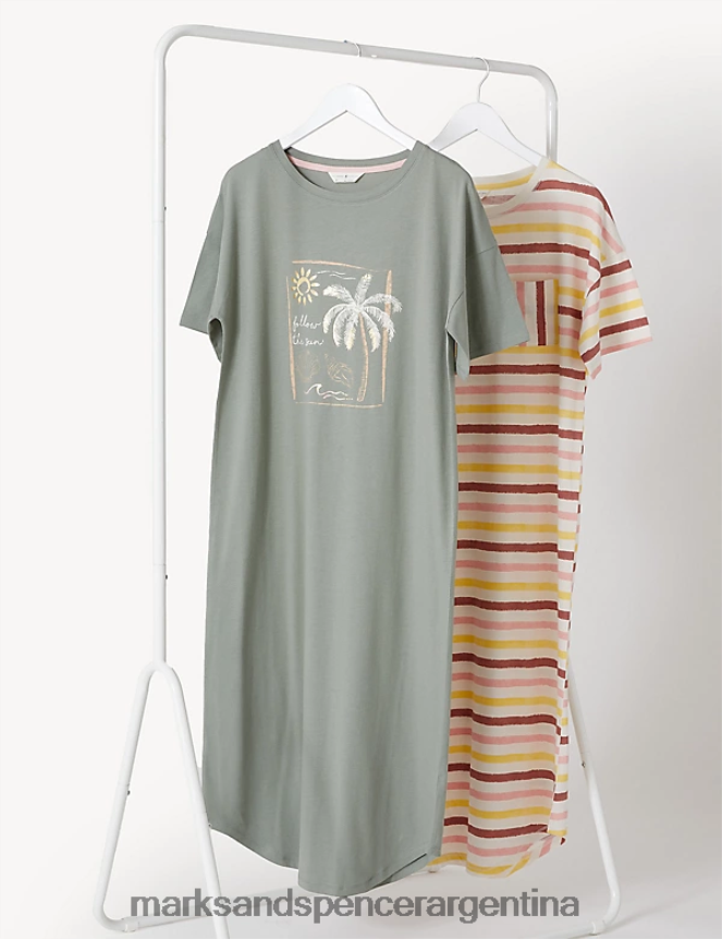 Marks & Spencer unisexo Paquete de 2 camisones largos estampados de puro algodón lencería mezcla verde 46VL3494