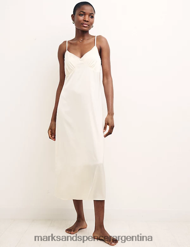 Marks & Spencer unisexo camisón midi con tiras y ribete de encaje satinado lencería crema 46VL3670