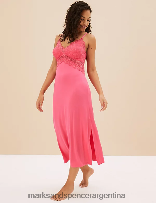 Marks & Spencer unisexo camisola larga con ribete de encaje y tiras lencería Rosa brillante 46VL3568