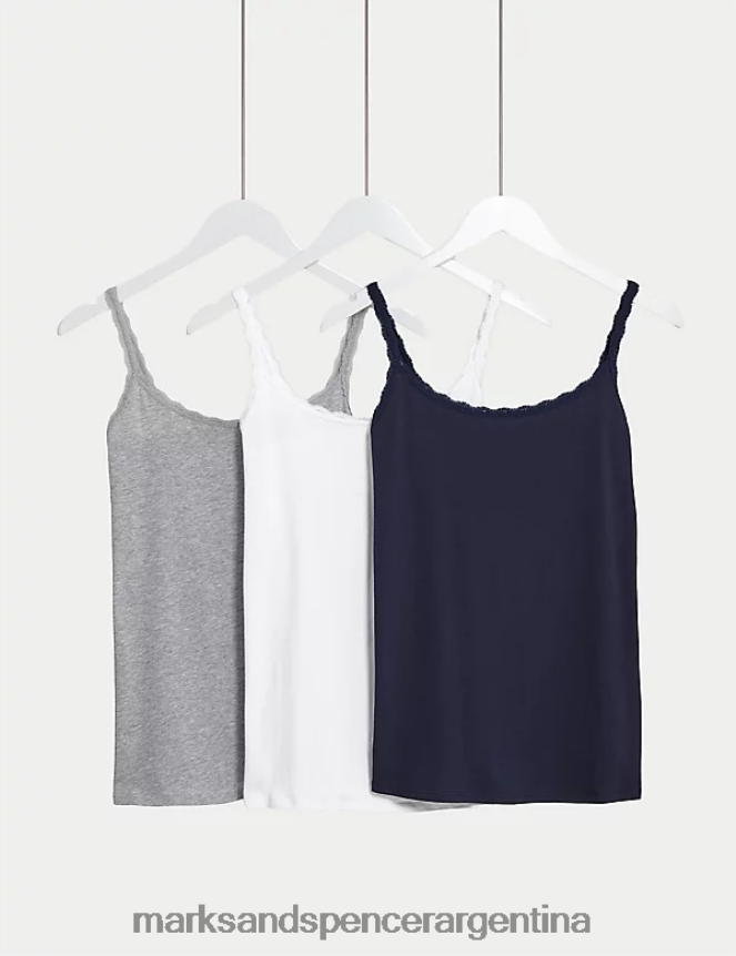 Marks & Spencer unisexo Paquete de 3 camisetas sin mangas con ribete de encaje rico en algodón lencería mezcla azul marino 46VL3744