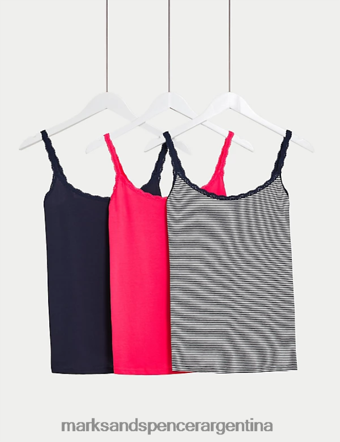 Marks & Spencer unisexo Paquete de 3 camisetas sin mangas con ribete de encaje rico en algodón lencería mezcla rosa 46VL3746