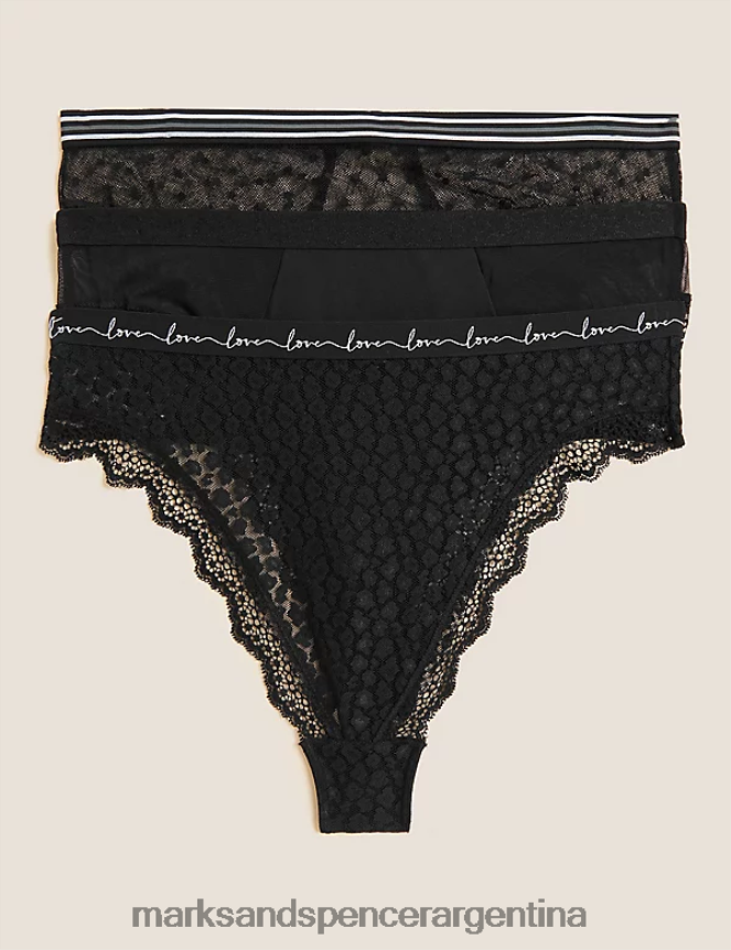 Marks & Spencer unisexo Pack de 3 tangas de talle alto de malla y encaje lencería negro 46VL4664