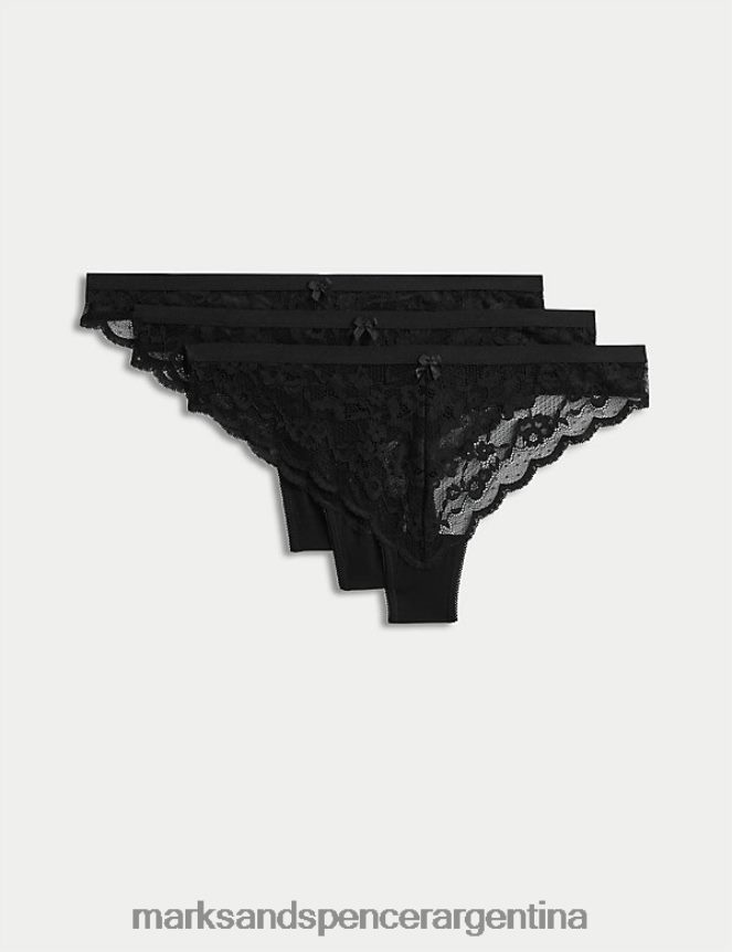 Marks & Spencer unisexo Paquete de 3 tangas de encaje lencería negro 46VL4136