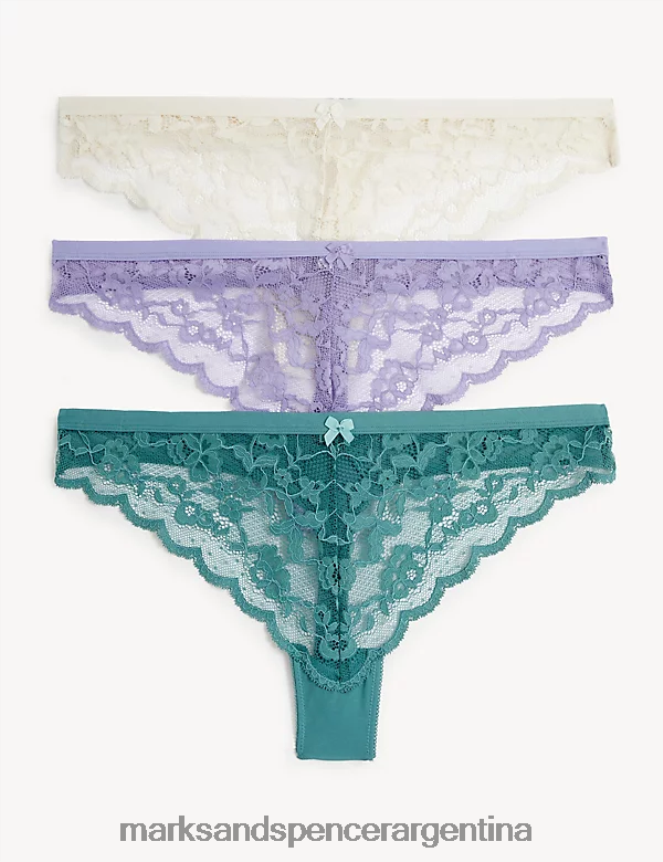 Marks & Spencer unisexo Paquete de 3 tangas de encaje lencería verde antiguo 46VL4556