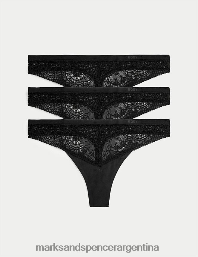 Marks & Spencer unisexo Paquete de 3 tangas de encaje suave lencería negro 46VL3856