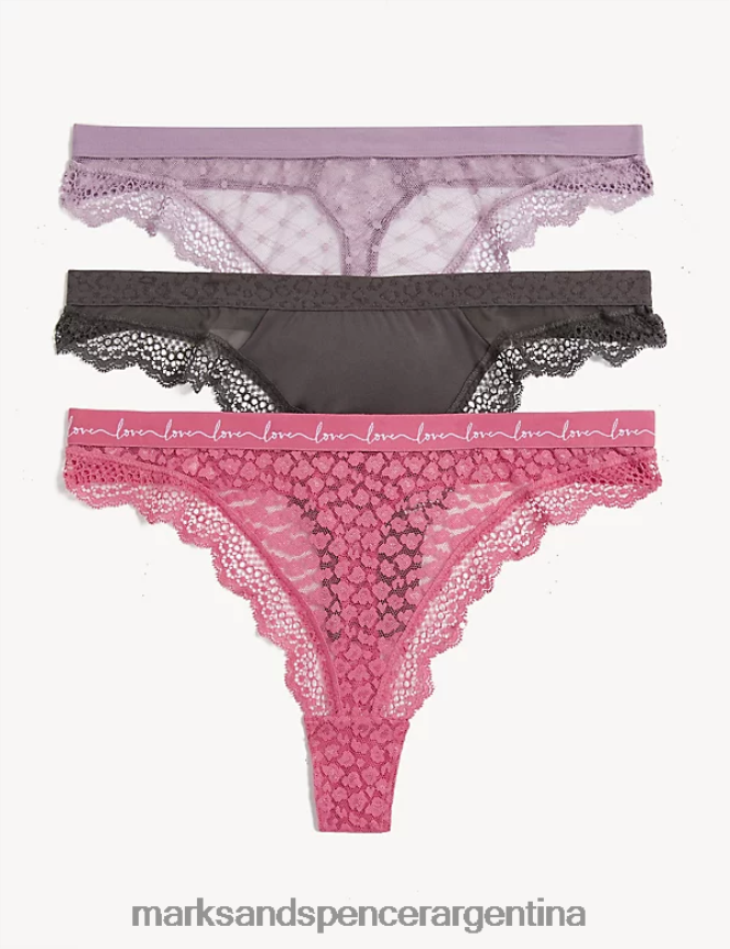 Marks & Spencer unisexo Paquete de 3 tangas de encaje y malla lencería mezcla de frambuesa 46VL4934