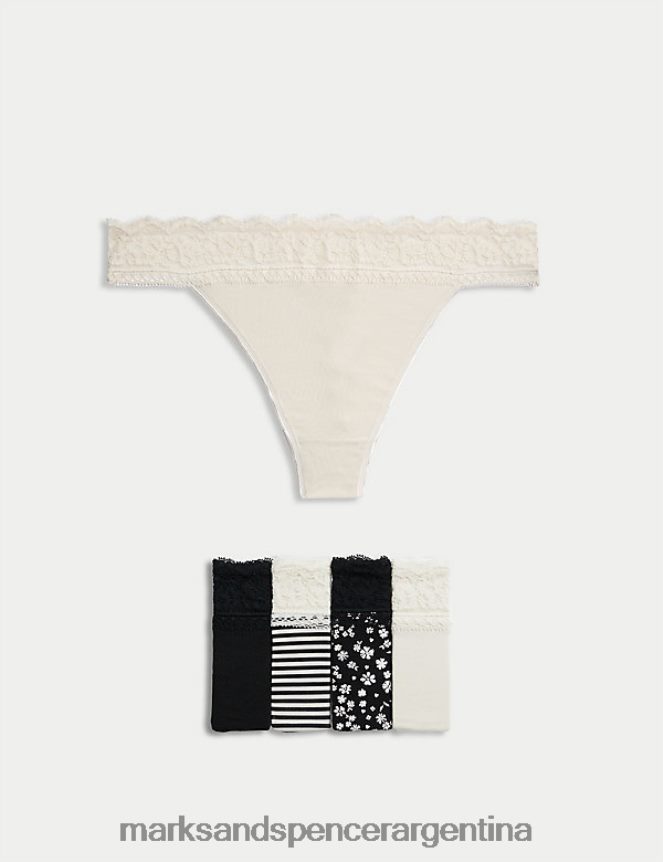 Marks & Spencer unisexo Paquete de 5 tangas estampados de encaje y algodón lencería mezcla negra 46VL4256
