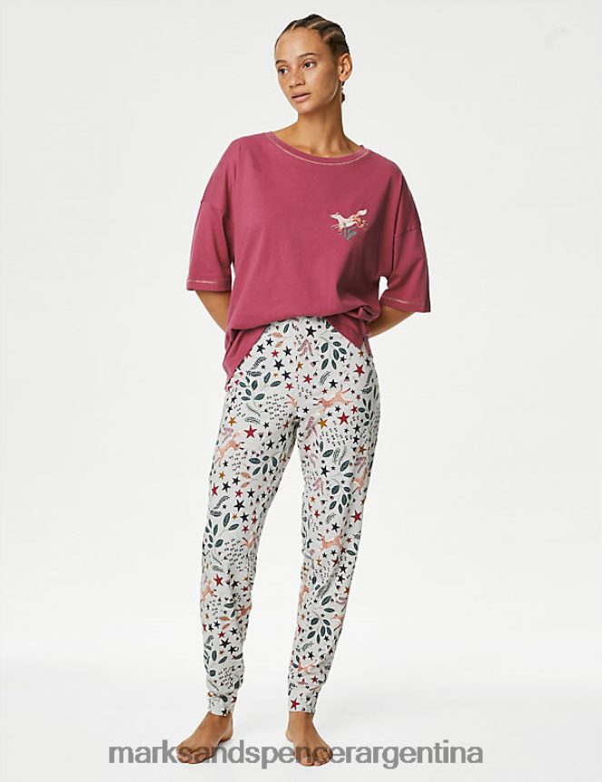 Marks & Spencer unisexo Conjunto de pijama con dobladillo con puños y estampado de zorro rico en algodón lencería frambuesa 46VL3452