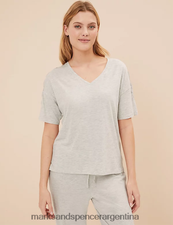 Marks & Spencer unisexo Conjunto de pijama de encaje de modal de algodón lencería gris claro 46VL3378