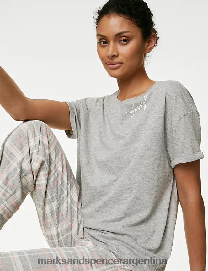 Marks & Spencer unisexo pijama a cuadros rico en algodón lencería mezcla gris 46VL3432