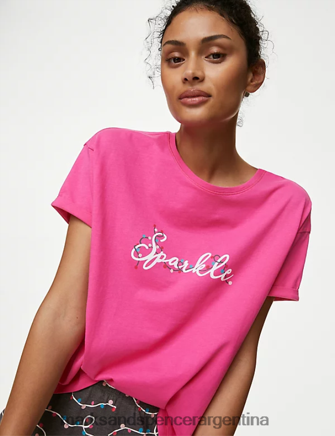 Marks & Spencer unisexo pijama con eslogan brillante y rico en algodón lencería mezcla rosa 46VL3398